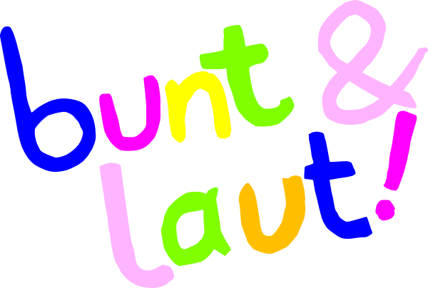 Das Logo von "bunt & laut", bunte Buchstaben auf schwarzem Hintergrund.